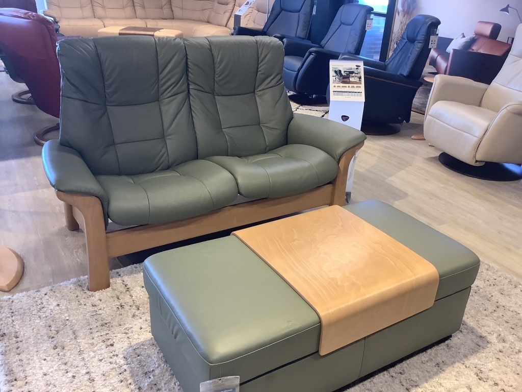 Stressless 2 seat high back Buckingham in Paloma Shadow Green w/ Oak wood.