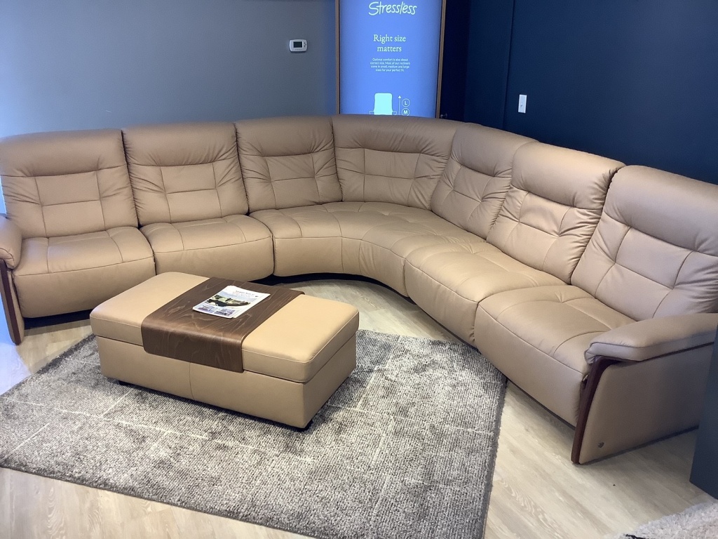 Stressless Mary Reclining Sectional in Paloma Sand w/Brown wood trim. ALL TOP GRAIN LEATHER!