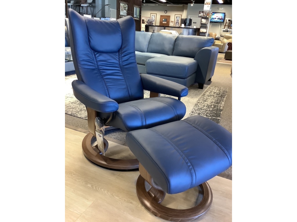 Stressless Wing Small in Paloma Oxford Blue w/ Walnut